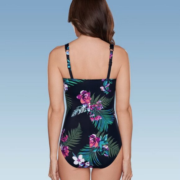 Waist Detail Over the Shoulder One Piece Swimsuit - Aqua Green® Black Floral L - Picture 4 of 7